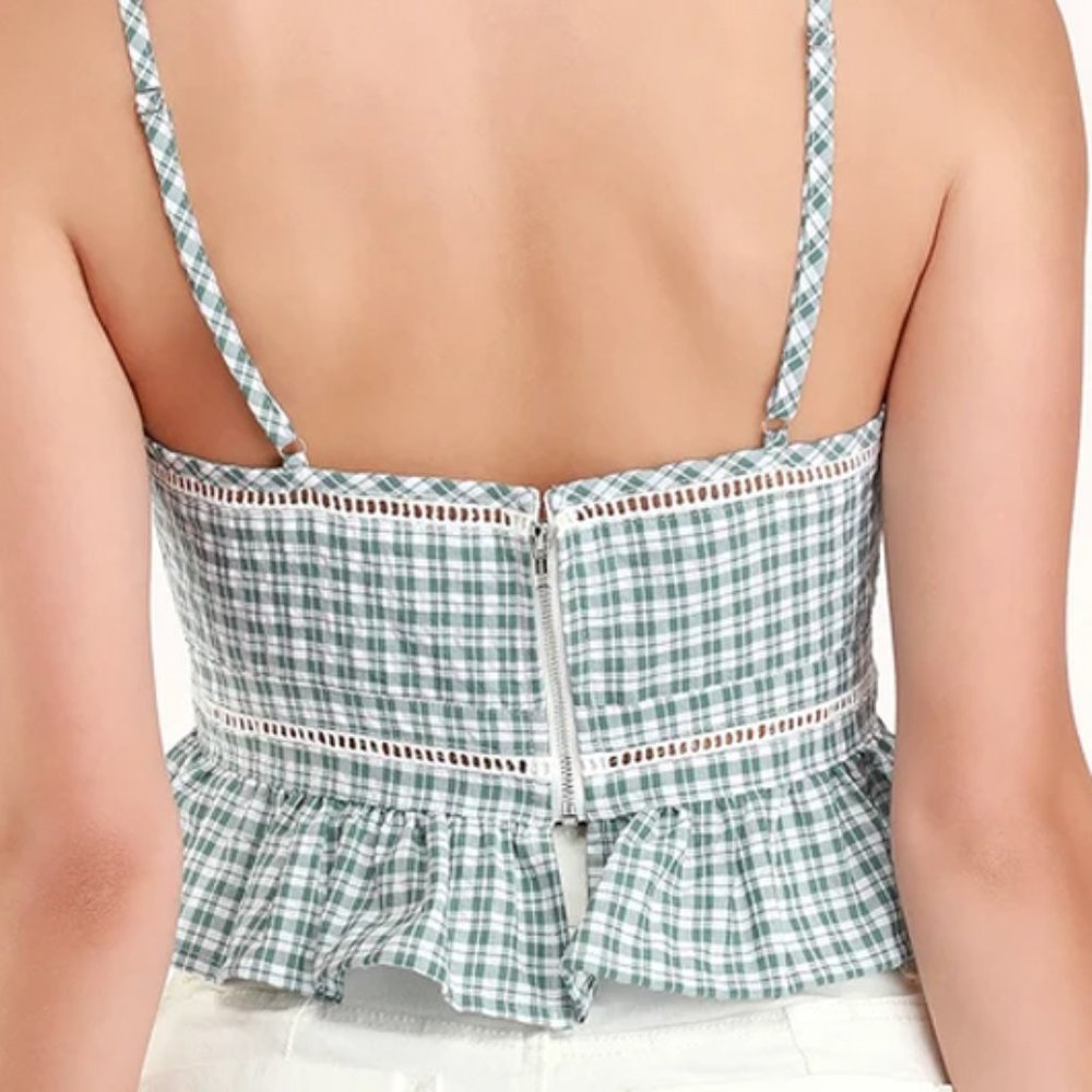 NEW Lulus Sage Green Gingham Plaid Ruffle Crop Top - Picture 6 of 9